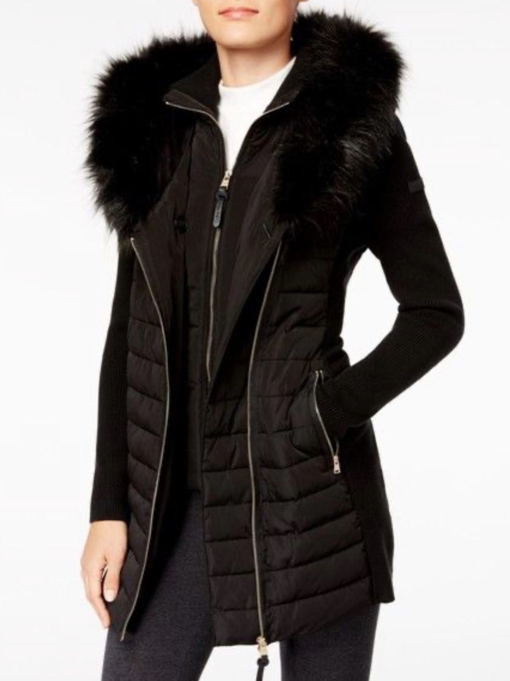 Calvin Klein Black Quilted Puffer Coat with Faux-Fur Hood